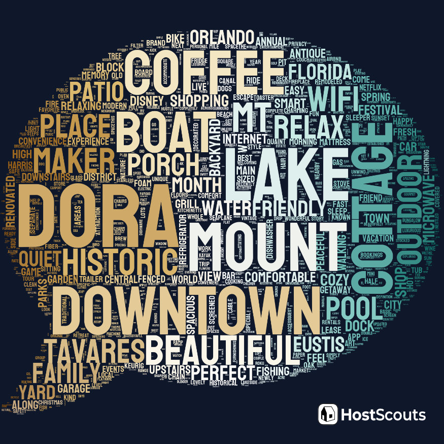 Word Cloud for Mount Dora, Florida Short Term Rentals